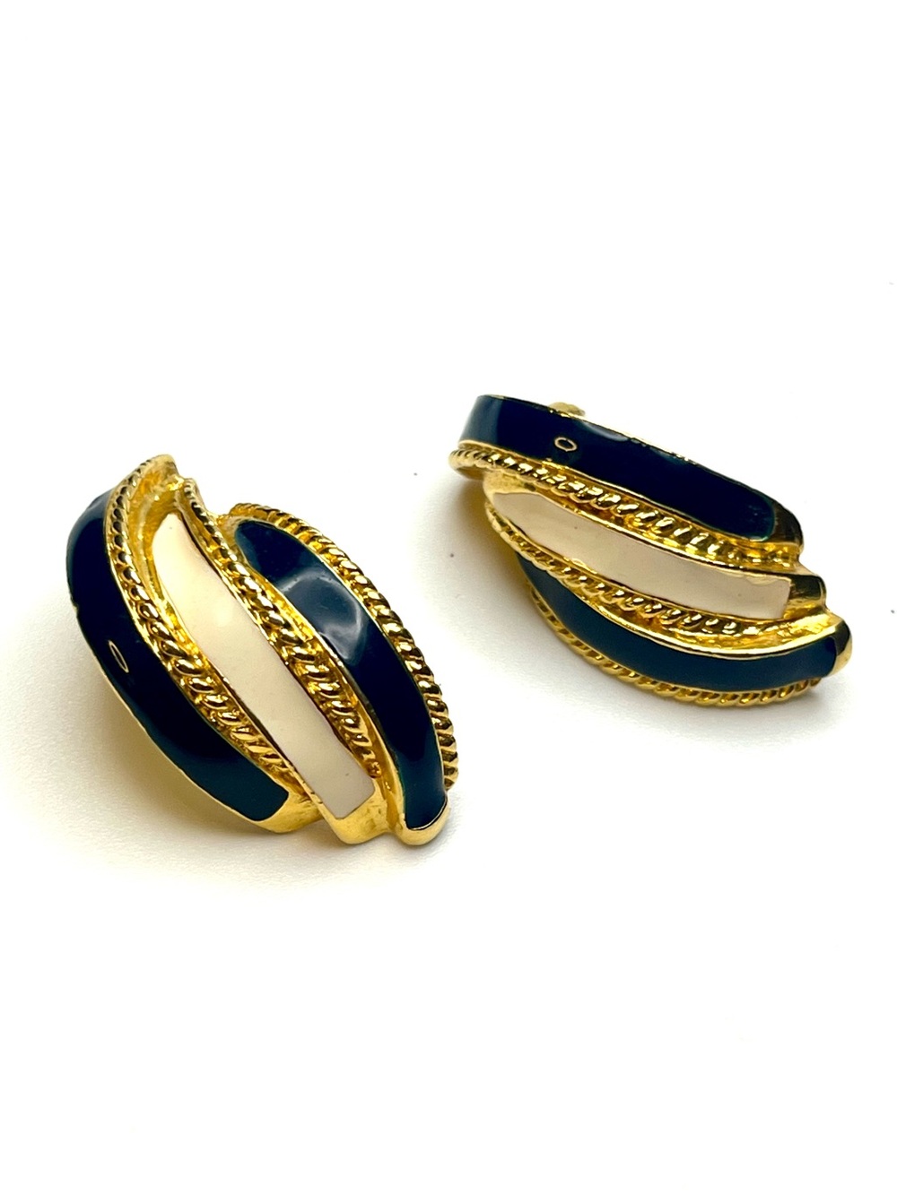 Vintage Navy Blue Cream Enamel Gold Tone Statement Earrings